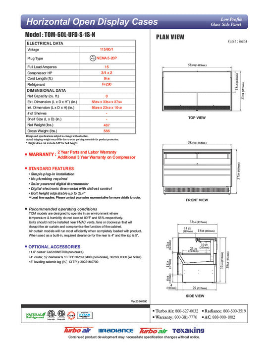 Turbo Air TOM-60L-UFD-S-1S-N 58 3/4" Stainless Steel Low Profile Horizontal Open Air Cooler w/ (1) Level – Ultra Front Deluxe Merchandiser, 115v - Donut-Supplies.Com