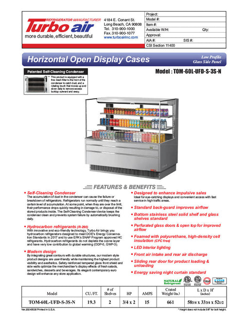Turbo Air TOM-60L-UFD-S-3S-N 58 3/4" Stainless Steel Low Profile Horizontal Open Air Cooler w/ (3) Levels – Ultra Front Deluxe Merchandiser, 115v - Donut-Supplies.Com