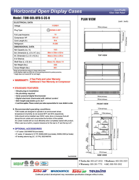 Turbo Air TOM-60L-UFD-S-3S-N 58 3/4" Stainless Steel Low Profile Horizontal Open Air Cooler w/ (3) Levels – Ultra Front Deluxe Merchandiser, 115v - Donut-Supplies.Com