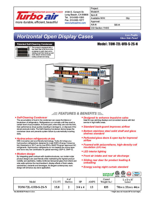 Turbo Air TOM-72L-UFD-S-2S-N 70 3/4" Stainless Steel Low Profile Horizontal Open Air Cooler w/ (2) Levels – Ultra Front Deluxe Merchandiser, 220v/1ph - Donut-Supplies.Com