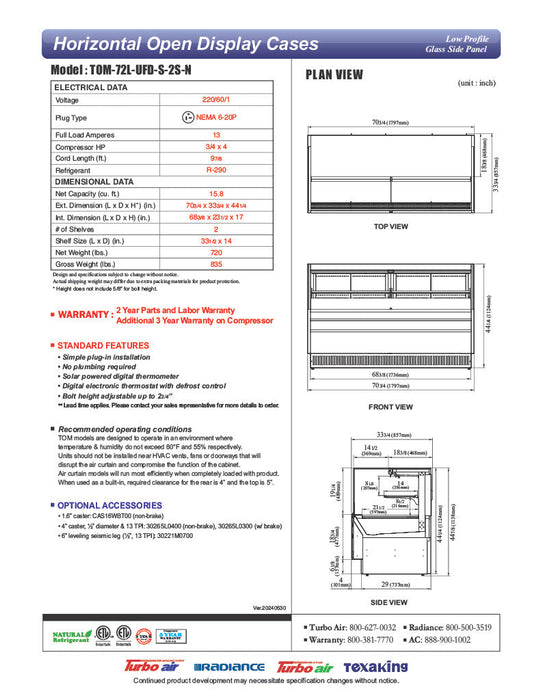 Turbo Air TOM-72L-UFD-S-2S-N 70 3/4" Stainless Steel Low Profile Horizontal Open Air Cooler w/ (2) Levels – Ultra Front Deluxe Merchandiser, 220v/1ph - Donut-Supplies.Com