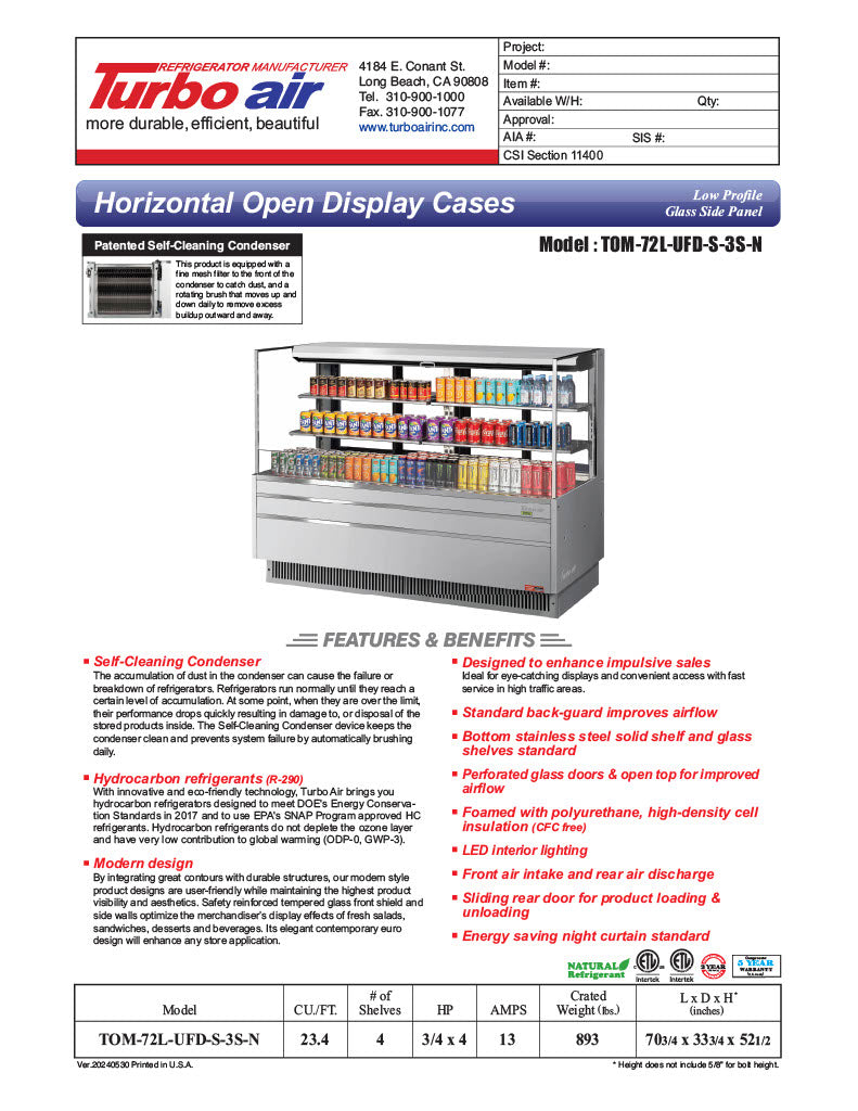 Turbo Air TOM-72L-UFD-S-3S-N 70 3/4" Stainless Steel Low Profile Horizontal Open Air Cooler w/ (3) Levels – Ultra Front Deluxe Merchandiser, 220v/1ph - Donut-Equipment.com