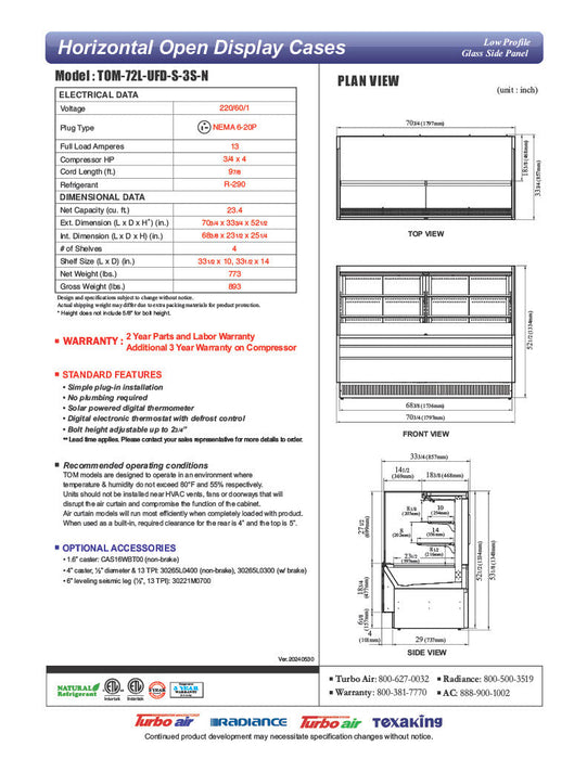 Turbo Air TOM-72L-UFD-S-3S-N 70 3/4" Stainless Steel Low Profile Horizontal Open Air Cooler w/ (3) Levels – Ultra Front Deluxe Merchandiser, 220v/1ph - Donut-Supplies.Com
