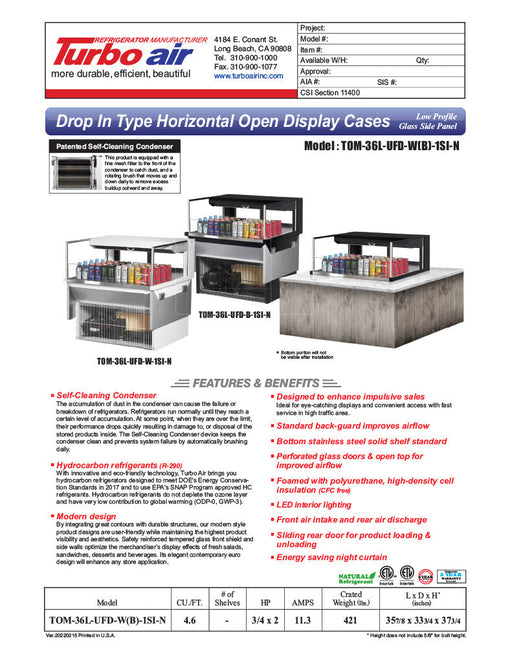Turbo Air TOM-36L-UFD-W-1SI-N 36" Drop-In Horizontal Open Air Cooler w/ (1) Level – White Exterior, 115v - Donut-Supplies.Com