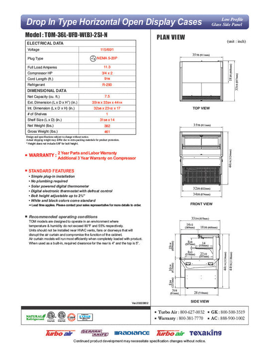 Turbo Air TOM-36L-UFD-B-2SI-N 35 7/8" Drop-In Horizontal Open Air Cooler w/ (2) Levels – Black Exterior, 115v - Donut-Supplies.Com