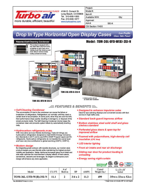 Turbo Air TOM-36L-UFD-W-3SI-N 36" Drop-In Horizontal Open Air Cooler w/ (3) Levels – White Exterior, 115v - Donut-Supplies.Com