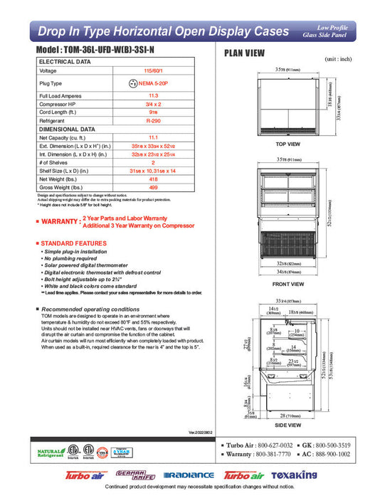 Turbo Air TOM-36L-UFD-W-3SI-N 36" Drop-In Horizontal Open Air Cooler w/ (3) Levels – White Exterior, 115v - Donut-Supplies.Com