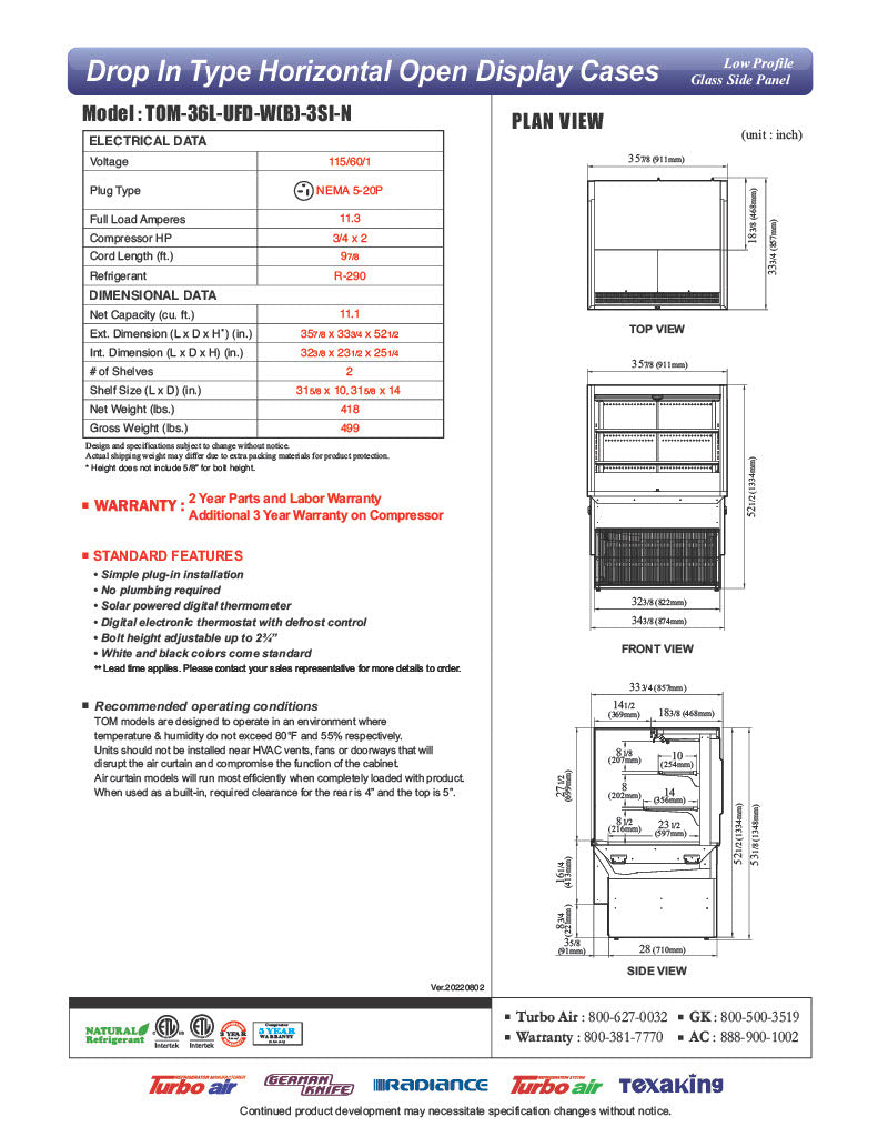 Turbo Air TOM-36L-UFD-W-3SI-N 36" Drop-In Horizontal Open Air Cooler w/ (3) Levels – White Exterior, 115v - Donut-Equipment.com