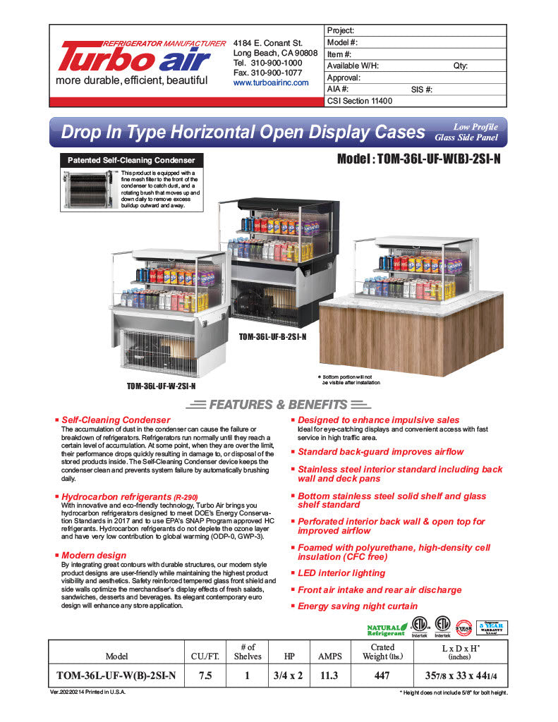Turbo Air TOM-36L-UF-W-2SI-N 35 7/8" Drop-In Horizontal Open Air Cooler w/ (2) Levels – White Exterior, 115v - Donut-Equipment.com