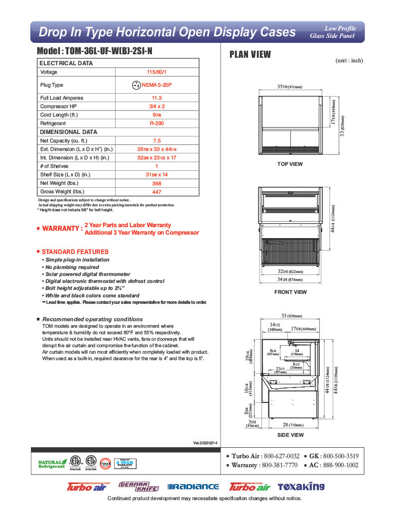 Turbo Air TOM-36L-UF-B-2SI-N 35 7/8" Drop-In Horizontal Open Air Cooler w/ (2) Levels – Black Exterior, 115v - Donut-Equipment.com