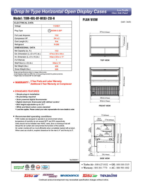 Turbo Air TOM-48L-UF-B-2SI-N 47 7/8" Drop-In Horizontal Open Air Cooler w/ (2) Levels – Black Exterior, 115v - Donut-Supplies.Com