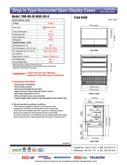 Turbo Air TOM-48L-UF-B-3SI-N 47 7/8" Drop-In Horizontal Open Air Cooler w/ (3) Levels – Black Exterior, 115v - Donut-Supplies.Com