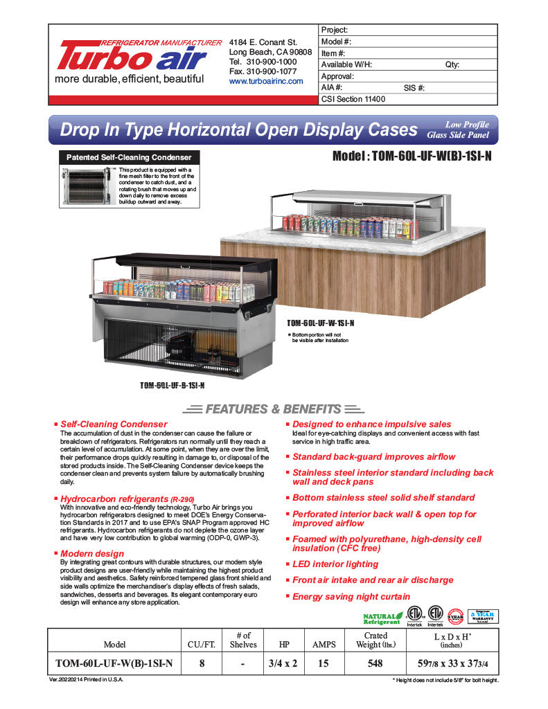 Turbo Air TOM-60L-UF-W-1SI-N 59 7/8" Drop-In Horizontal Open Air Cooler w/ (1) Level – White Exterior, 115v - Donut-Equipment.com
