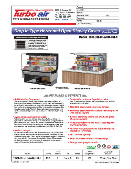 Turbo Air TOM-60L-UF-B-3SI-N 59 7/8" Drop-In Horizontal Open Air Cooler w/ (3) Levels – Black Exterior, 115v - Donut-Supplies.Com