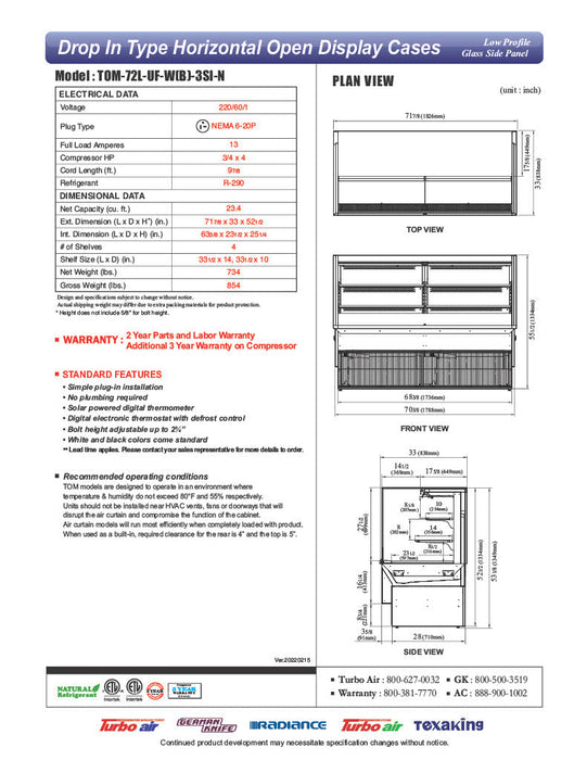 Turbo Air TOM-72L-UF-W-3SI-N 71 7/8" Drop-In Horizontal Open Air Cooler w/ (3) Levels – White Exterior, 220v/1ph - Donut-Supplies.Com