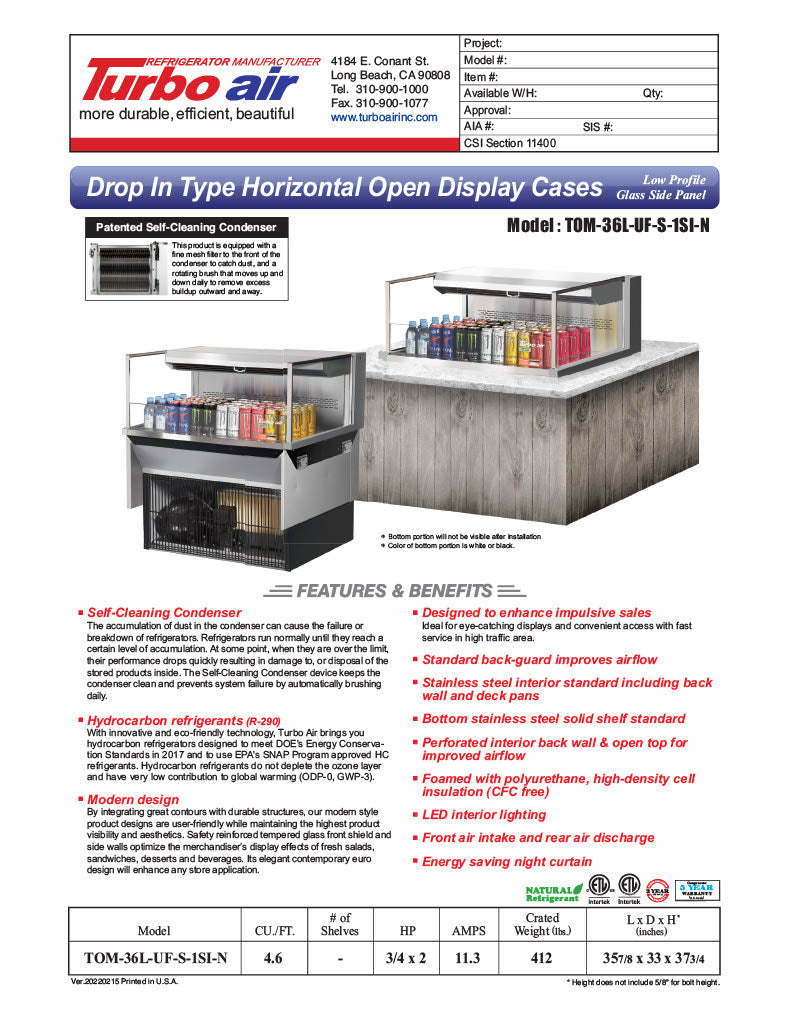 Turbo Air TOM-36L-UF-S-1SI-N 36 7/8" Stainless Steel Drop-In Refrigerated Open Display Case Merchandiser – (1) Level, 115v - Donut-Equipment.com