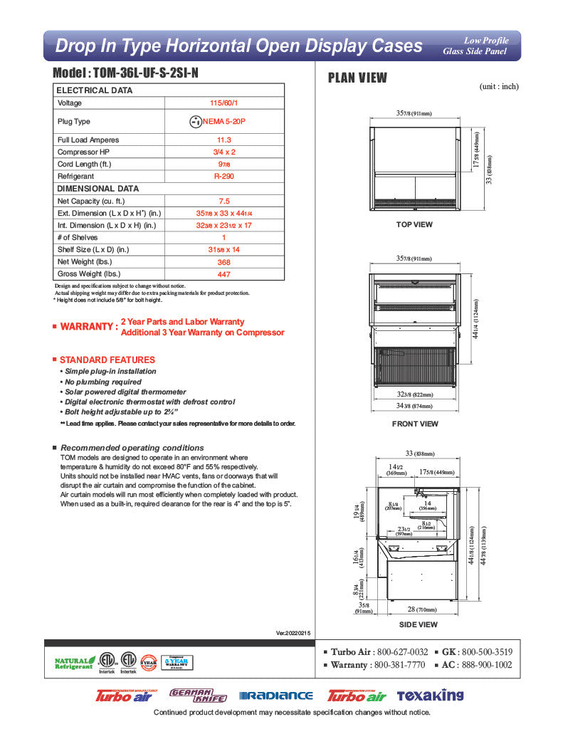 Turbo Air TOM-36L-UF-S-2SI-N 36" Stainless Steel Drop-In Refrigerated Open Display Case Merchandiser – (2) Levels, 1 Shelf, 115v - Donut-Equipment.com