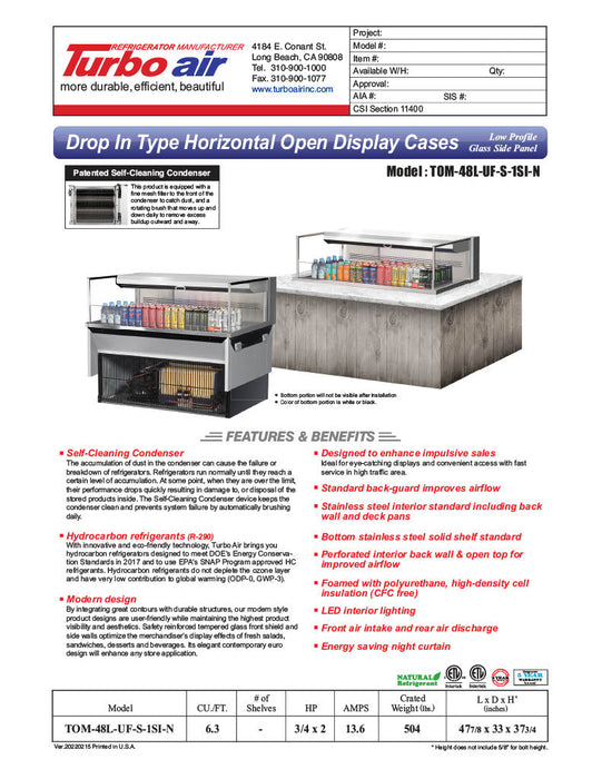 Turbo Air TOM-48L-UF-S-1SI-N 48" Stainless Steel Drop-In Refrigerated Open Display Case Merchandiser – (1) Level, 115v - Donut-Supplies.Com