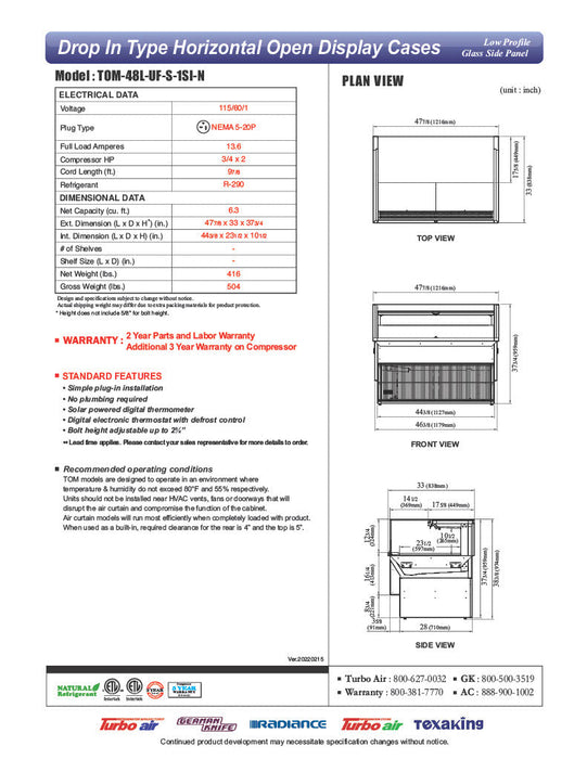 Turbo Air TOM-48L-UF-S-1SI-N 48" Stainless Steel Drop-In Refrigerated Open Display Case Merchandiser – (1) Level, 115v - Donut-Supplies.Com