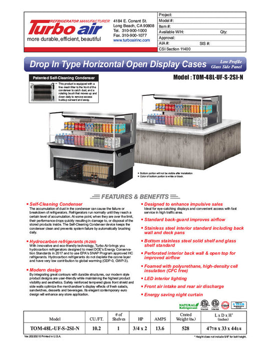 Turbo Air TOM-48L-UF-S-2SI-N 48" Stainless Steel Drop-In Refrigerated Open Display Case Merchandiser w/ (2) Levels, 115v - Donut-Supplies.Com