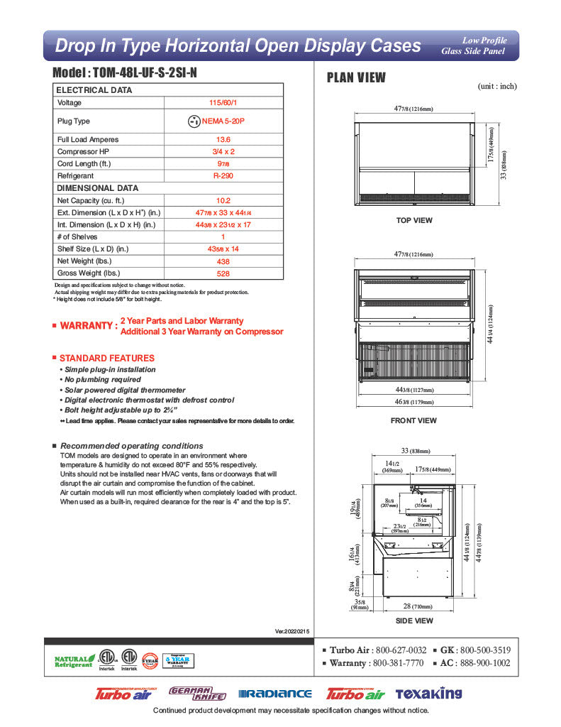 Turbo Air TOM-48L-UF-S-2SI-N 48" Stainless Steel Drop-In Refrigerated Open Display Case Merchandiser w/ (2) Levels, 115v - Donut-Equipment.com
