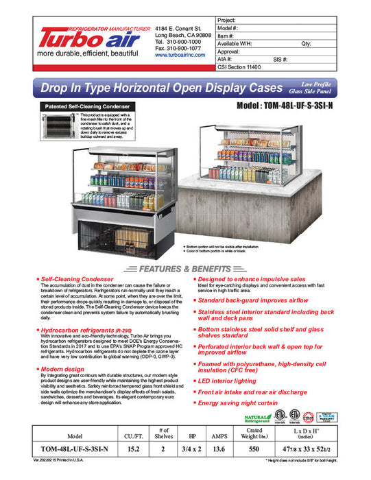 Turbo Air TOM-48L-UF-S-3SI-N 48" Stainless Steel Drop-In Refrigerated Open Display Case Merchandiser w/ (3) Levels, 115v - Donut-Supplies.Com