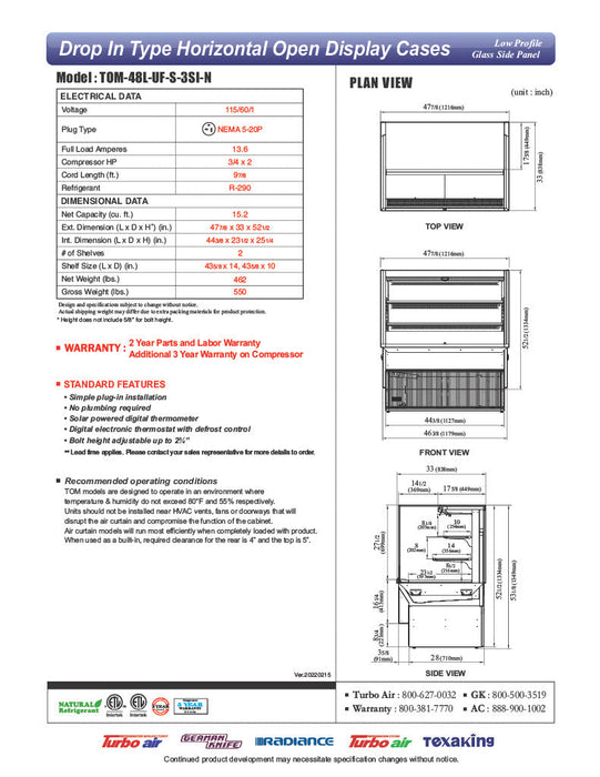 Turbo Air TOM-48L-UF-S-3SI-N 48" Stainless Steel Drop-In Refrigerated Open Display Case Merchandiser w/ (3) Levels, 115v - Donut-Supplies.Com