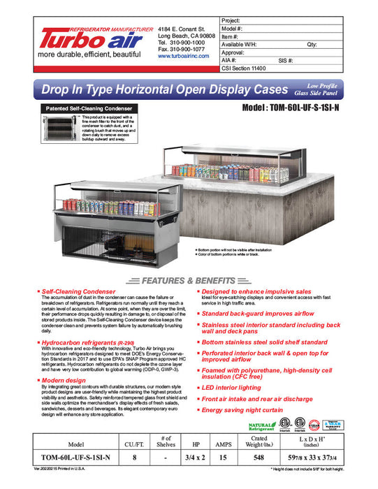 Turbo Air TOM-60L-UF-S-1SI-N 60" Stainless Steel Drop-In Refrigerated Open Display Case Merchandiser with (1) Level, 115v - Donut-Supplies.Com