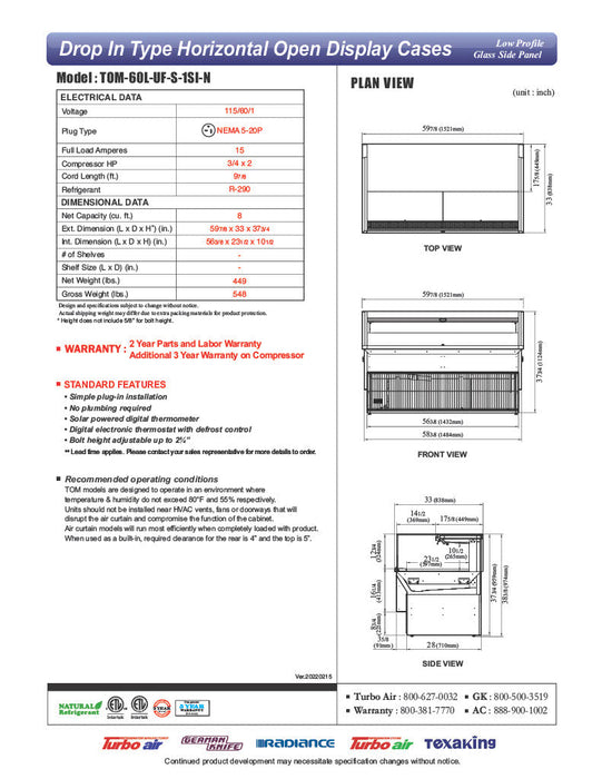 Turbo Air TOM-60L-UF-S-1SI-N 60" Stainless Steel Drop-In Refrigerated Open Display Case Merchandiser with (1) Level, 115v - Donut-Supplies.Com