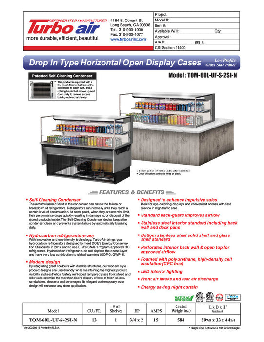 Turbo Air TOM-60L-UF-S-2SI-N 60" Stainless Steel Drop-In Refrigerated Open Display Case Merchandiser w/ (2) Levels, 115v - Donut-Supplies.Com