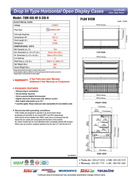 Turbo Air TOM-60L-UF-S-3SI-N 60" Stainless Steel Drop-In Refrigerated Open Display Case Merchandiser w/ (3) Levels, 115v - Donut-Supplies.Com