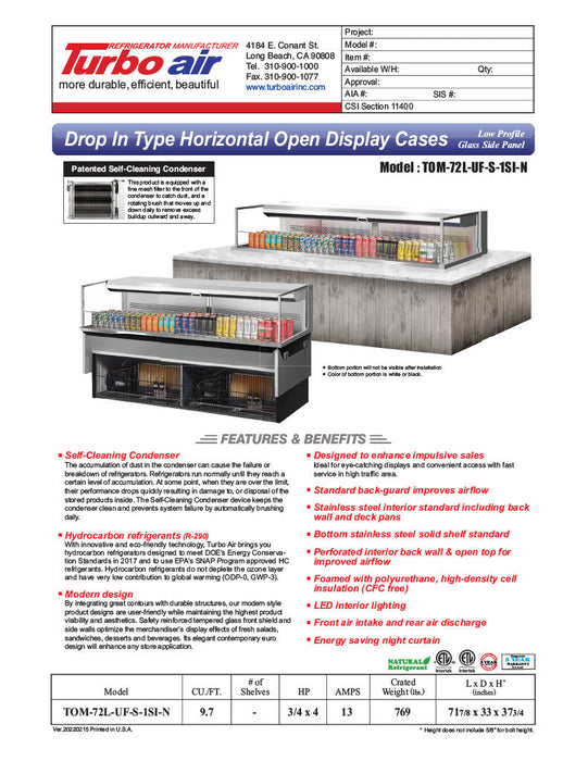 Turbo Air TOM-72L-UF-S-1SI-N 72" Stainless Steel Drop-In Refrigerated Open Display Case Merchandiser w/ (1) Level, 220v/1ph - Donut-Supplies.Com