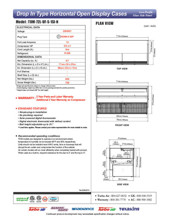 Turbo Air TOM-72L-UF-S-1SI-N 72" Stainless Steel Drop-In Refrigerated Open Display Case Merchandiser w/ (1) Level, 220v/1ph - Donut-Supplies.Com