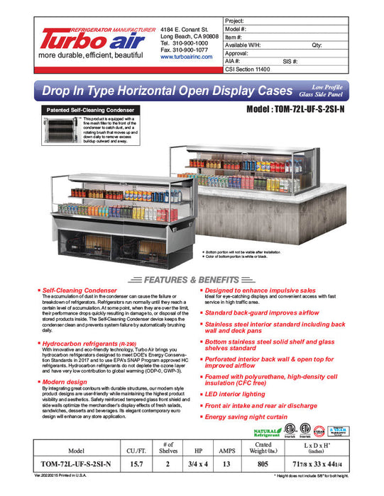 Turbo Air TOM-72L-UF-S-2SI-N 72" Stainless Steel Drop-In Refrigerated Open Display Case Merchandiser w/ (2) Levels, 220v/1ph - Donut-Supplies.Com