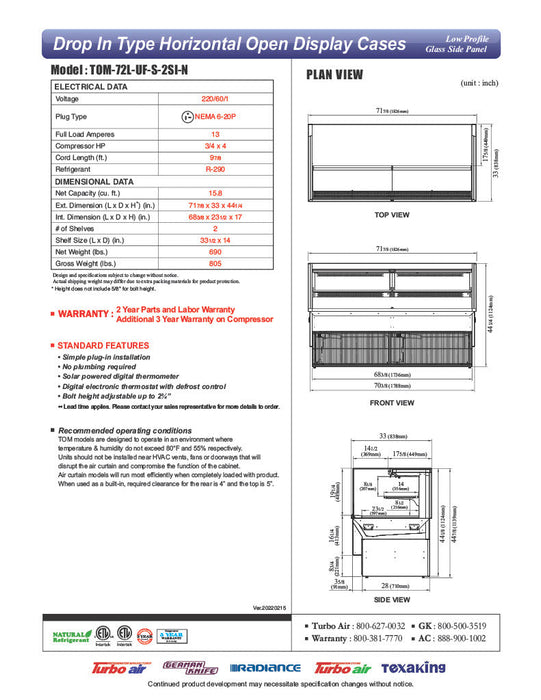 Turbo Air TOM-72L-UF-S-2SI-N 72" Stainless Steel Drop-In Refrigerated Open Display Case Merchandiser w/ (2) Levels, 220v/1ph - Donut-Supplies.Com