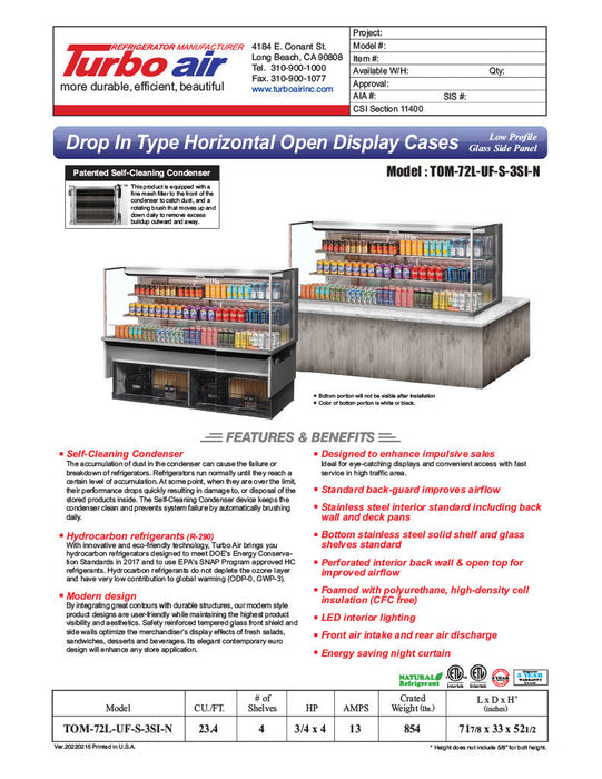 Turbo Air TOM-72L-UF-S-3S-N 71" Stainless Steel Horizontal Refrigerated Open Curtain Merchandiser w/ (4) Levels, 220v/1ph - Donut-Supplies.Com
