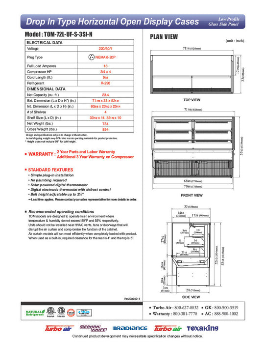 Turbo Air TOM-72L-UF-S-3S-N 71" Stainless Steel Horizontal Refrigerated Open Curtain Merchandiser w/ (4) Levels, 220v/1ph - Donut-Supplies.Com