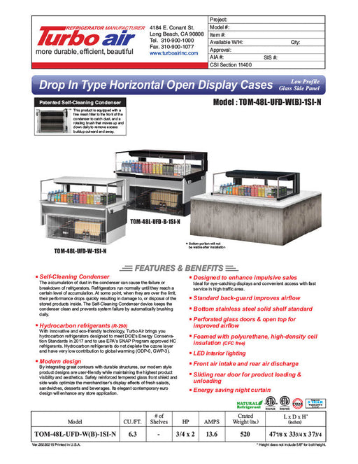Turbo Air TOM-48L-UFD-W-1SI-N 48" Drop-In Horizontal Open Air Cooler w/ (1) Level – White Exterior, 115v - Donut-Supplies.Com