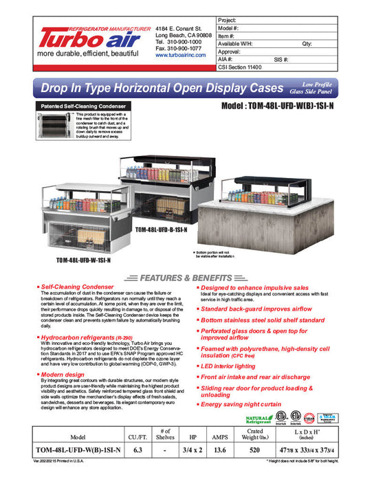 Turbo Air TOM-48L-UFD-W-1SI-N 48" Drop-In Horizontal Open Air Cooler w/ (1) Level – White Exterior, 115v - Donut-Supplies.Com