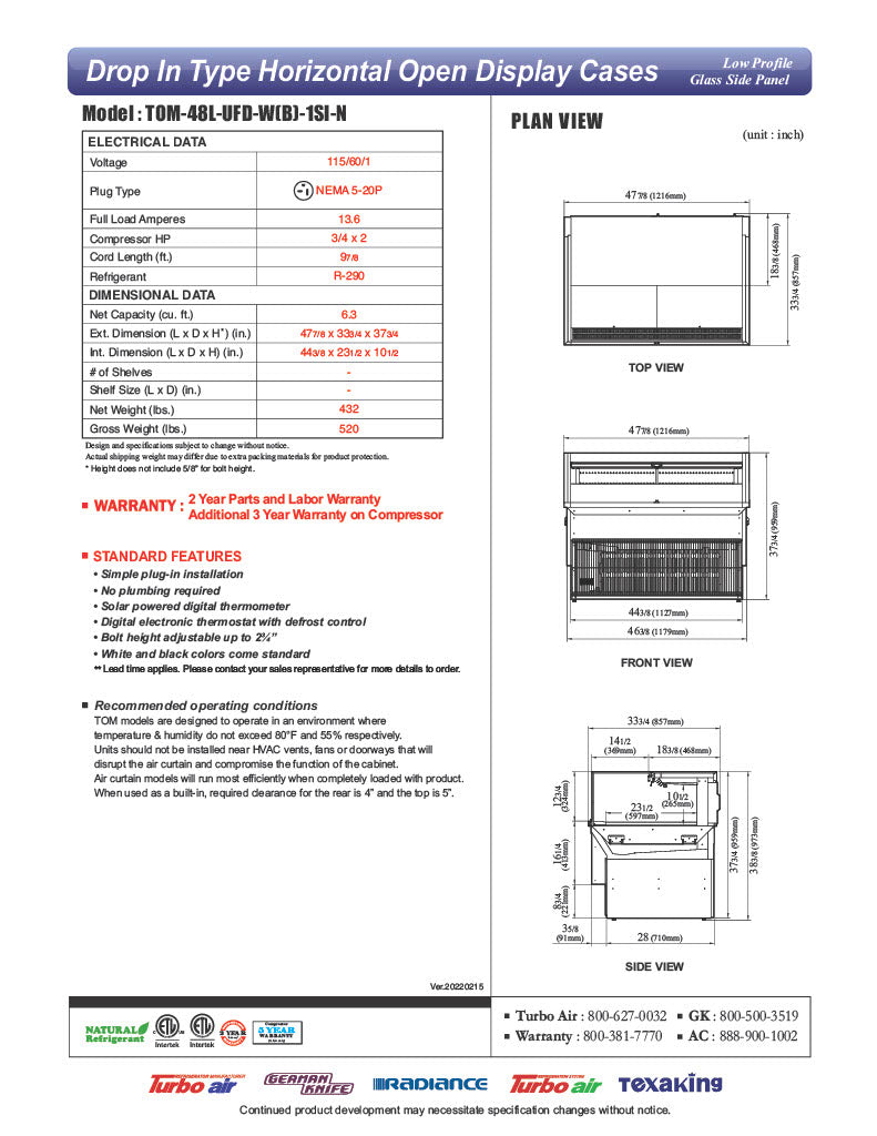 Turbo Air TOM-48L-UFD-W-1SI-N 48" Drop-In Horizontal Open Air Cooler w/ (1) Level – White Exterior, 115v - Donut-Equipment.com