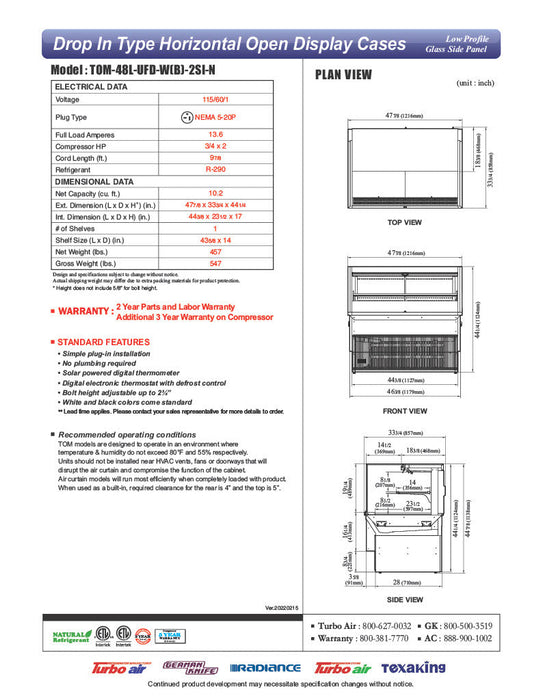Turbo Air TOM-48L-UFD-B-2SI-N 48" Drop-In Horizontal Open Air Cooler w/ (2) Levels – Black Exterior, 115v - Donut-Supplies.Com
