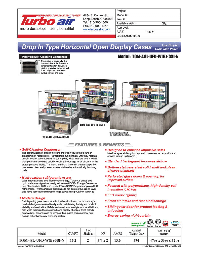 Turbo Air TOM-48L-UFD-W-3SI-N 48" Drop-In Horizontal Open Air Cooler w/ (3) Levels – White Exterior, 115v - Donut-Equipment.com