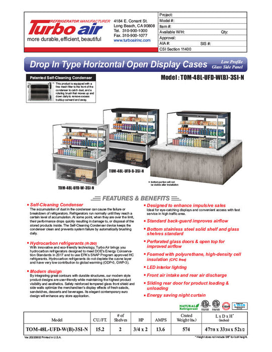 Turbo Air TOM-48L-UFD-W-3SI-N 48" Drop-In Horizontal Open Air Cooler w/ (3) Levels – White Exterior, 115v - Donut-Supplies.Com