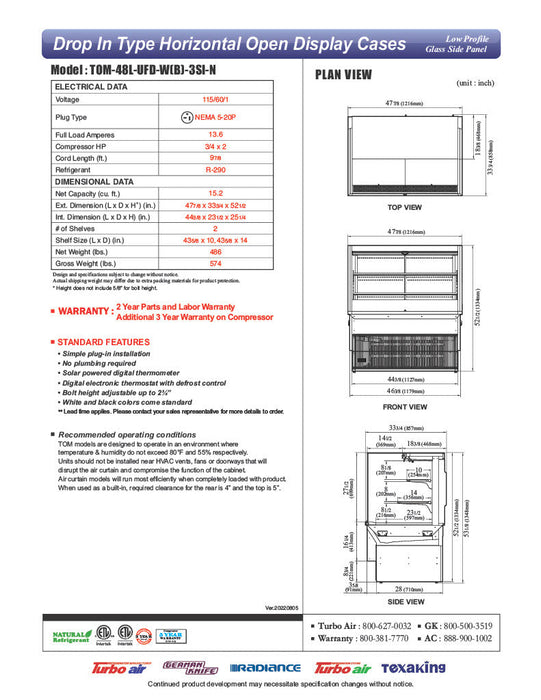Turbo Air TOM-48L-UFD-W-3SI-N 48" Drop-In Horizontal Open Air Cooler w/ (3) Levels – White Exterior, 115v - Donut-Supplies.Com