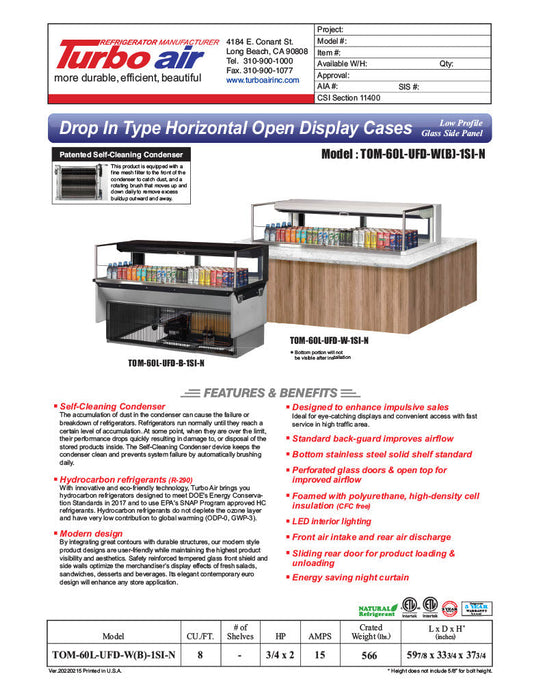 Turbo Air TOM-60L-UFD-W-1SI-N 60" Drop-In Horizontal Open Air Cooler w/ (1) Level – White Exterior, 115v - Donut-Supplies.Com