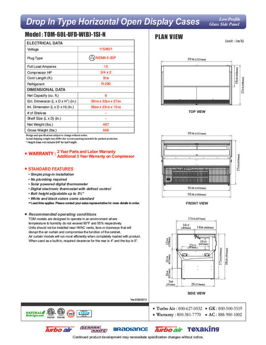 Turbo Air TOM-60L-UFD-W-1SI-N 60" Drop-In Horizontal Open Air Cooler w/ (1) Level – White Exterior, 115v - Donut-Supplies.Com
