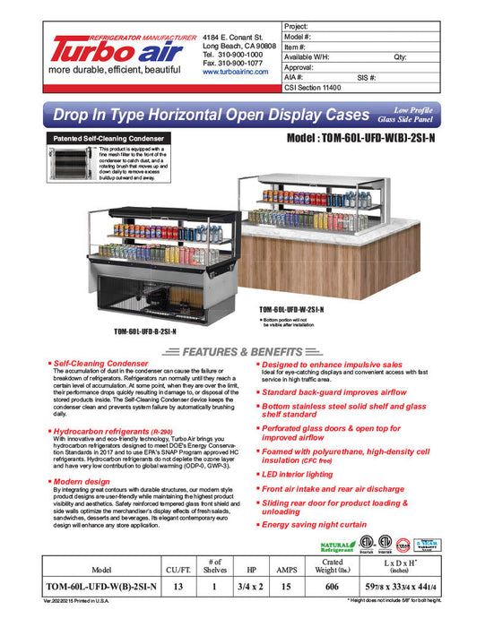 Turbo Air TOM-60L-UFD-W-2SI-N 60" Drop-In Horizontal Open Air Cooler w/ (2) Levels – White Exterior, 115v - Donut-Supplies.Com