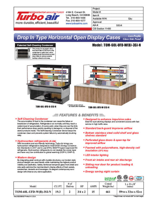Turbo Air TOM-60L-UFD-W-3SI-N 60" Drop-In Horizontal Open Air Cooler w/ (3) Levels – White Exterior, 115v - Donut-Supplies.Com