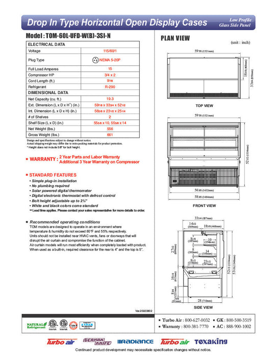 Turbo Air TOM-60L-UFD-W-3SI-N 60" Drop-In Horizontal Open Air Cooler w/ (3) Levels – White Exterior, 115v - Donut-Supplies.Com