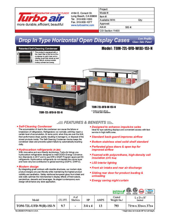 Turbo Air TOM-72L-UFD-W-1SI-N 72" Drop-In Horizontal Open Air Cooler w/ (1) Level – White Exterior, 220v/1ph - Donut-Supplies.Com
